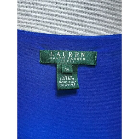 Lauren Ralph Lauren Women's Faux Wrap V Neck Dress Cap Sleeve Sz 14 Royal Blue - Picture 3 of 10